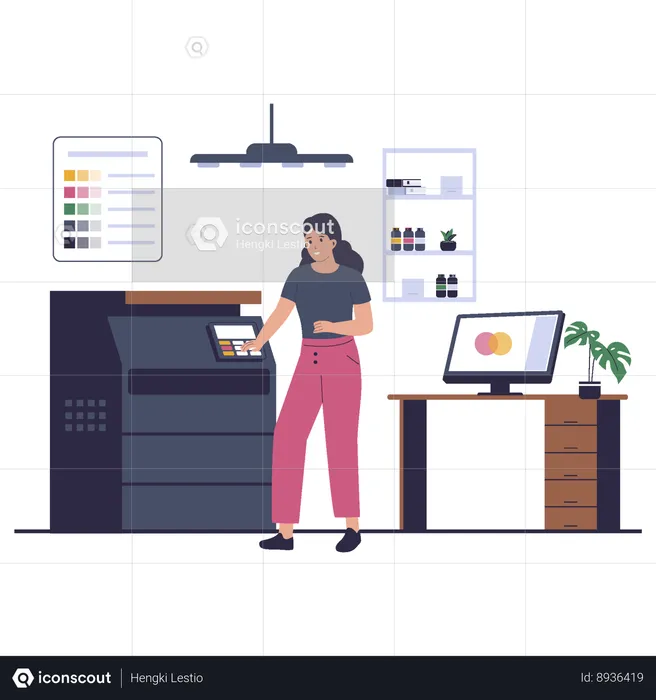 Girl doing print copy with machine  Illustration