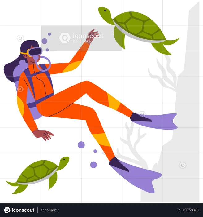 Girl doing scuba diving with turtles  Illustration