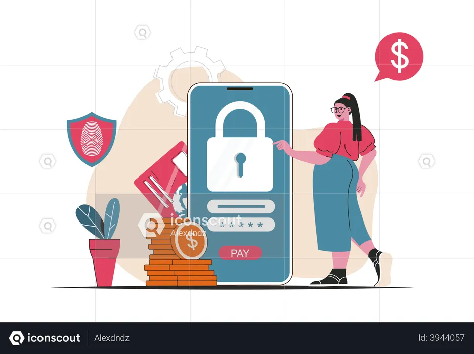 Girl doing secure payment by mobile app  Illustration