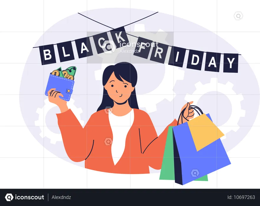 Girl doing shopping on black friday  Illustration