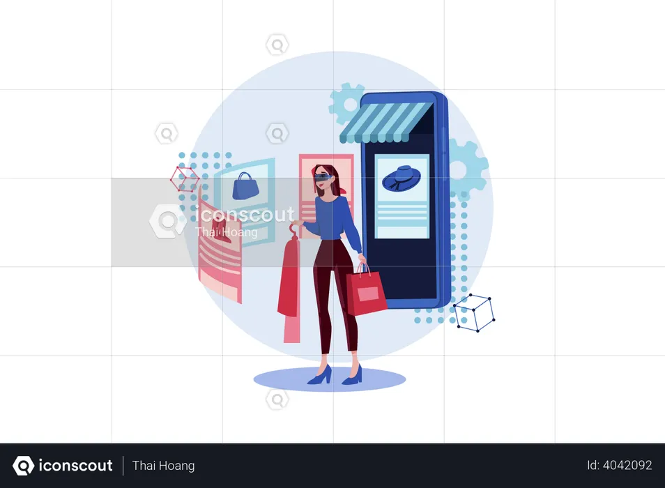 Girl doing shopping using VR Tech  Illustration