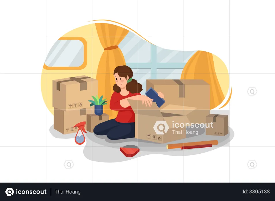 Girl doing the packing for house shifting  Illustration