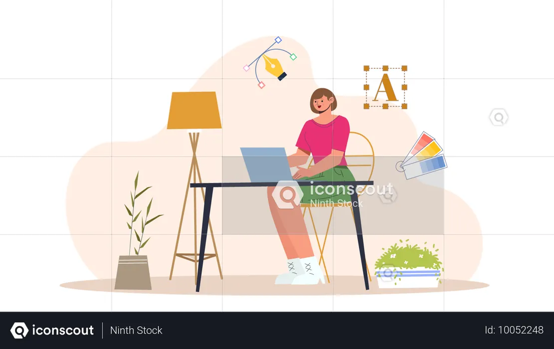 Girl doing vector designing on laptop  Illustration