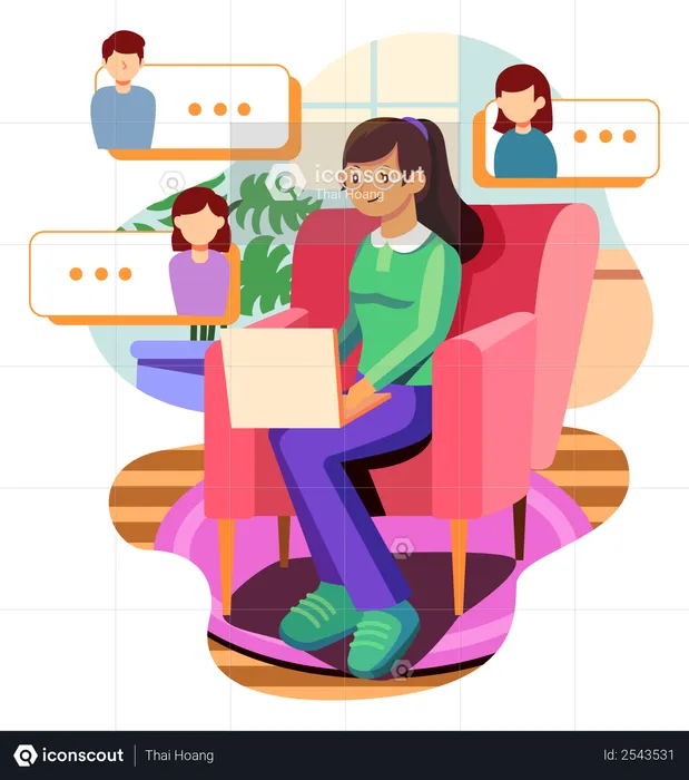 Girl doing video chat with friends  Illustration