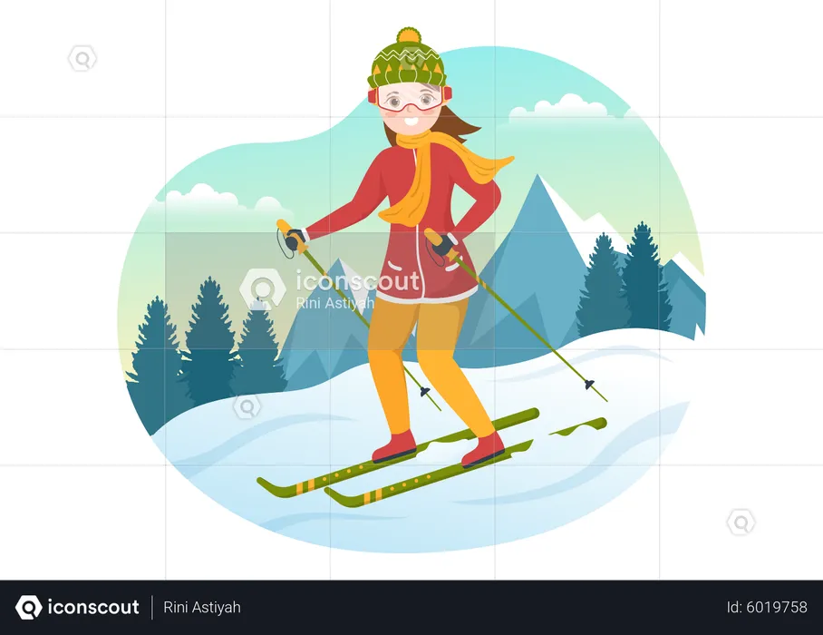 Girl doing winter skiing  Illustration