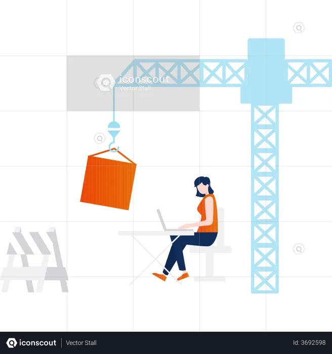 Girl doing work on laptop under construction land  Illustration