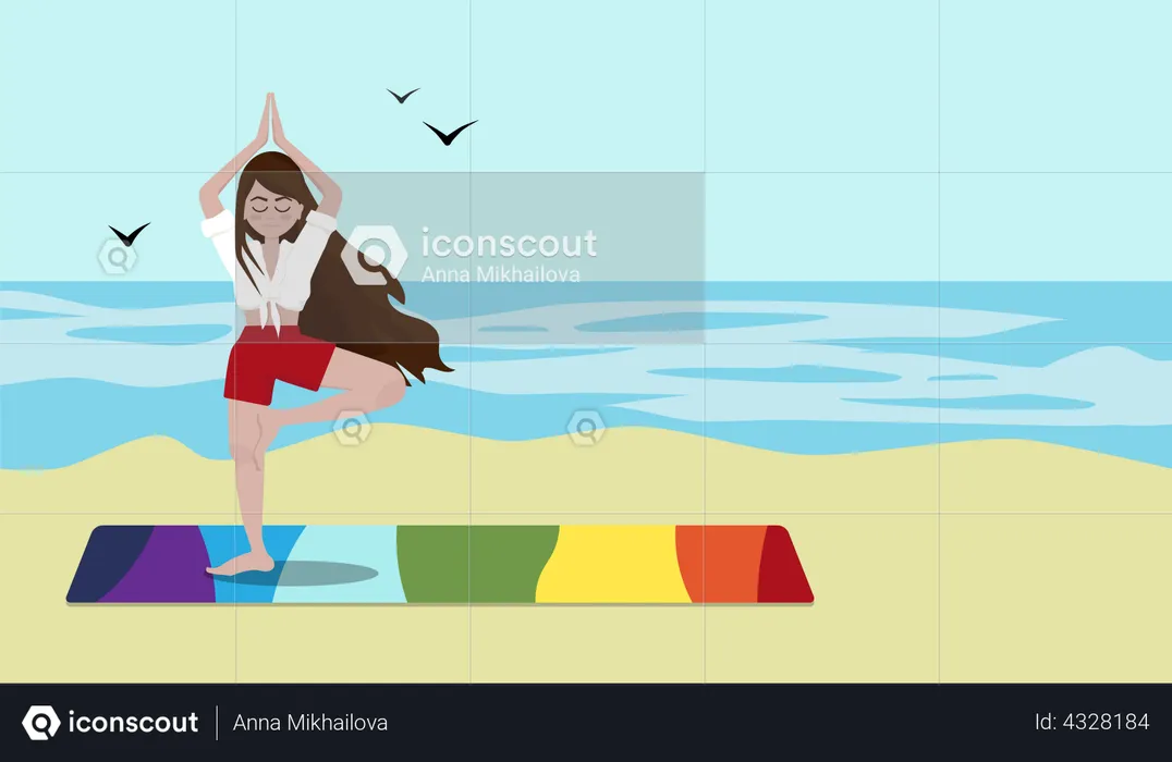 Girl doing yoga at beach  Illustration