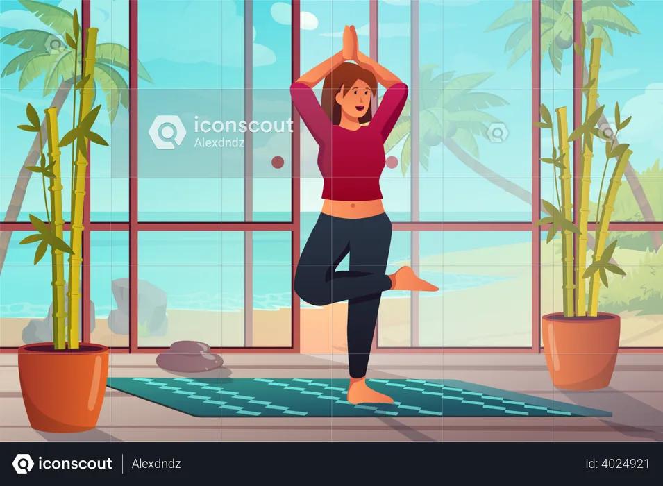 Girl doing yoga in yoga room  Illustration
