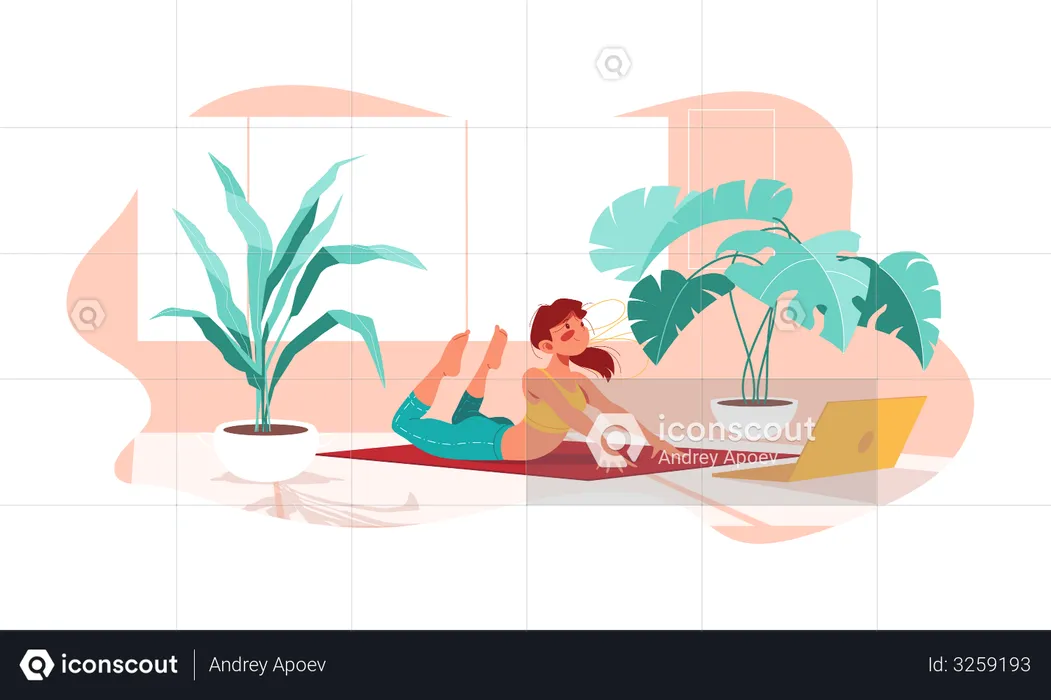 Girl doing yoga pose in front of laptop  Illustration