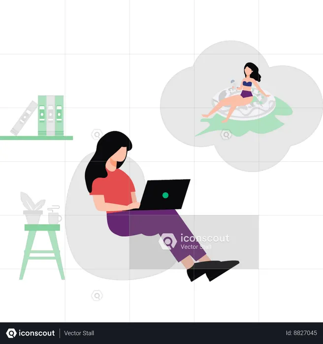Girl dreaming of tanning while working on laptop  Illustration
