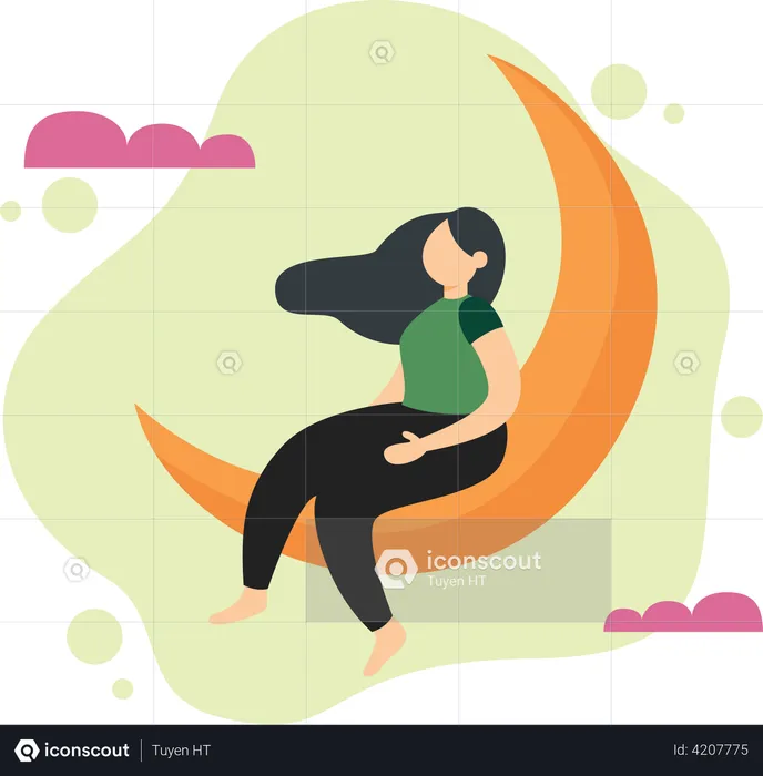 Girl dreaming while sitting on moon  Illustration