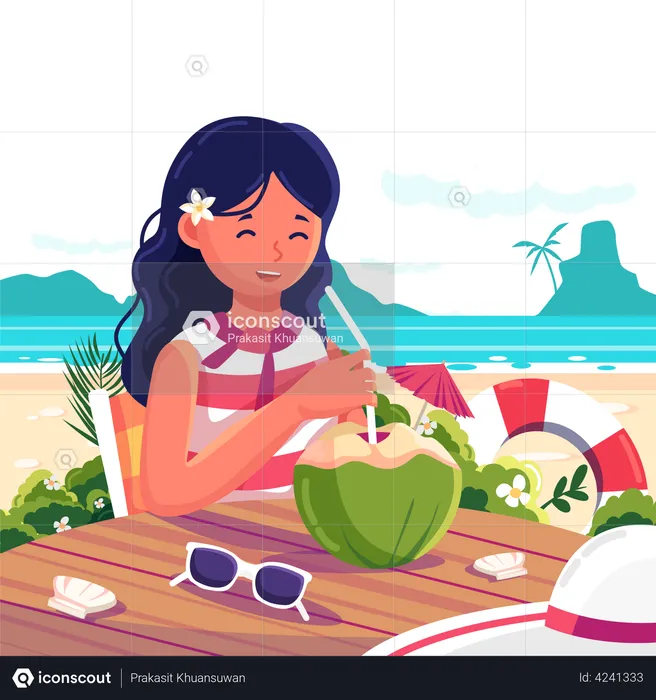 Girl drinking coconut water  Illustration