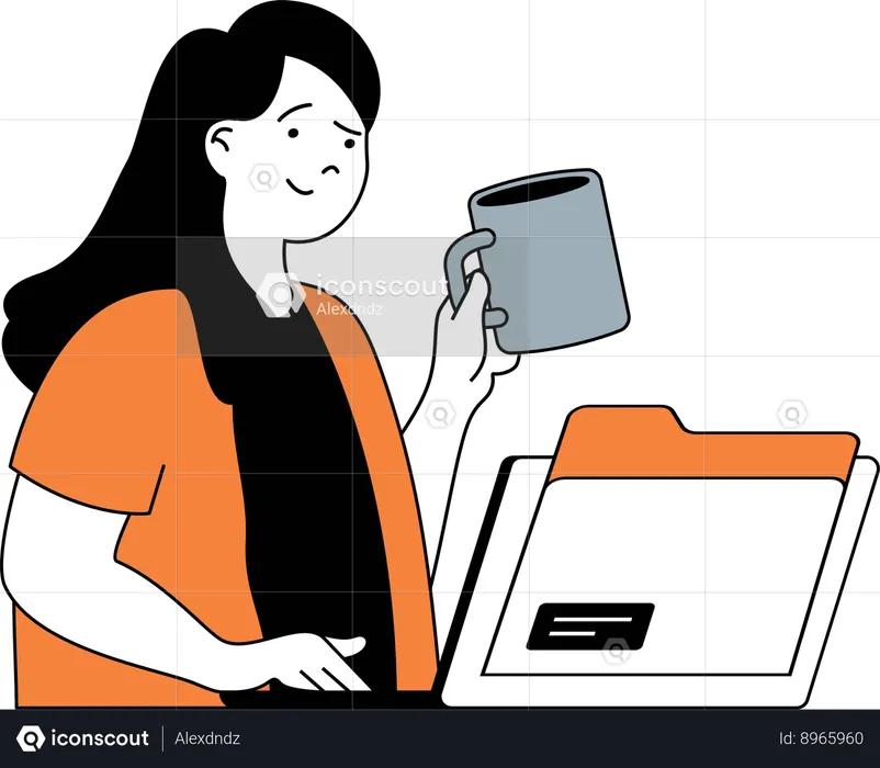 Girl drinking coffee and working on laptop  Illustration