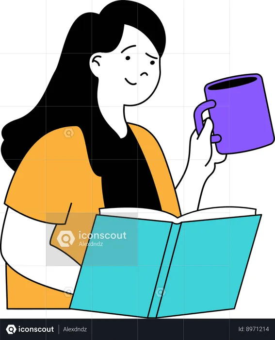 Girl drinking coffee while reading book  Illustration