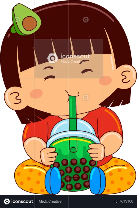 Girl drinking iced bubble avocado tea  Illustration