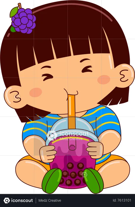 Girl drinking iced bubble grape tea  Illustration