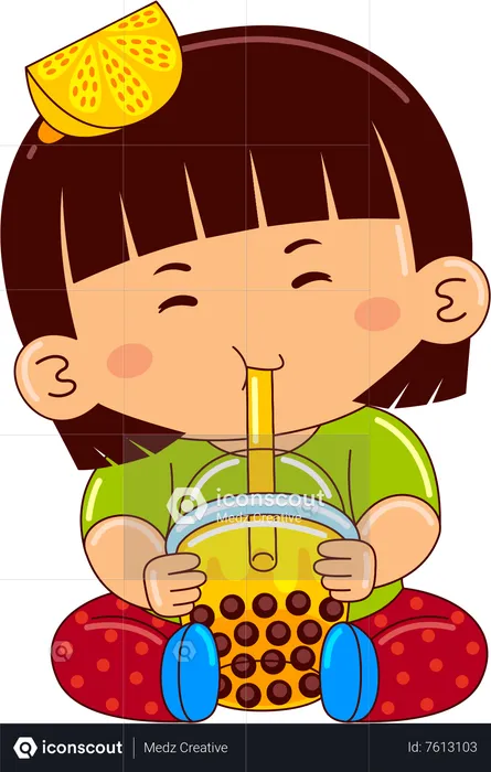 Girl drinking iced bubble lemon tea  Illustration