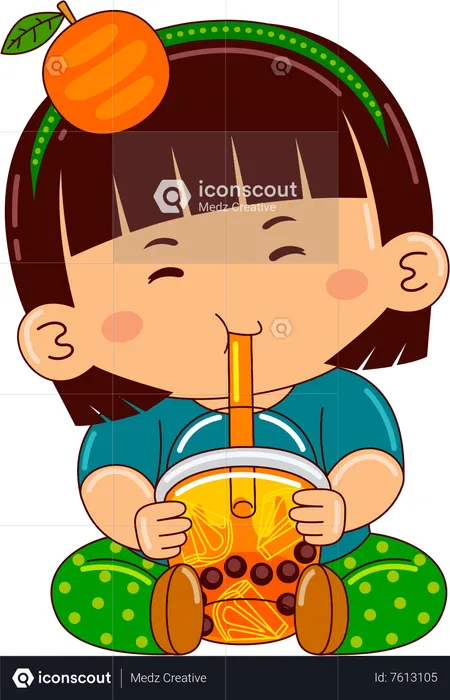 Girl drinking iced bubble orange tea  Illustration