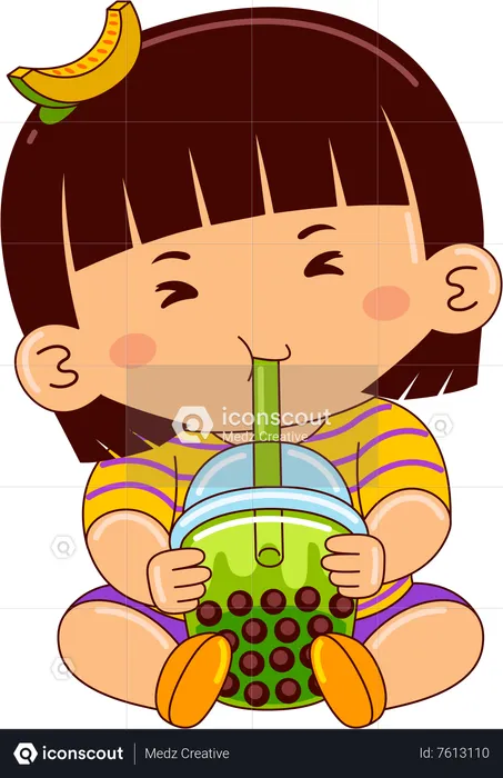 Girl drinking iced honeydew bubble tea  Illustration