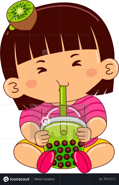 Girl drinking iced kiwi bubble tea  Illustration