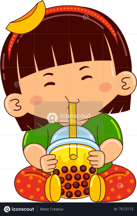 Girl drinking iced peach bubble tea  Illustration