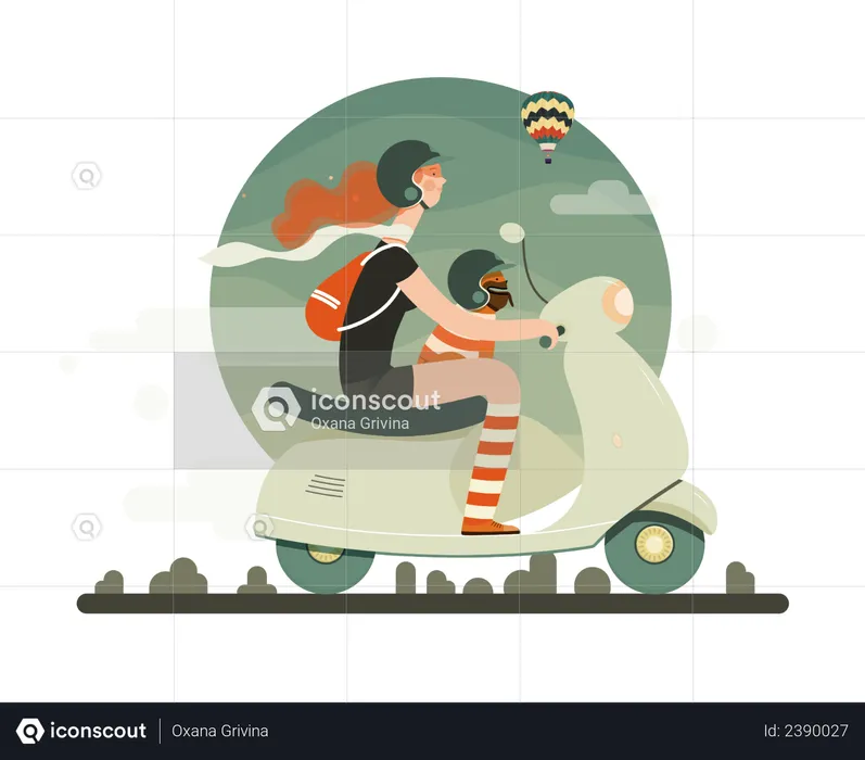 Girl driving scooter with her pet  Illustration