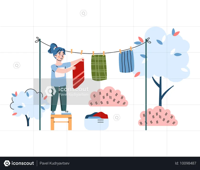 Girl drying clothes on rope  Illustration