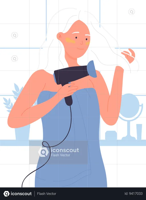 Girl drying hair using drier  Illustration