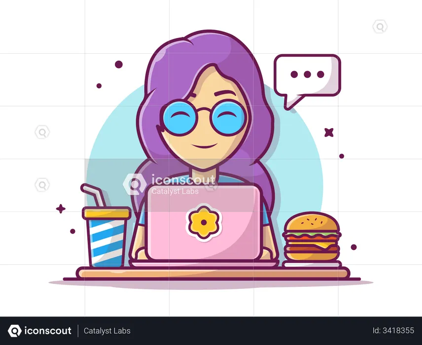 Girl eating burger while working  Illustration