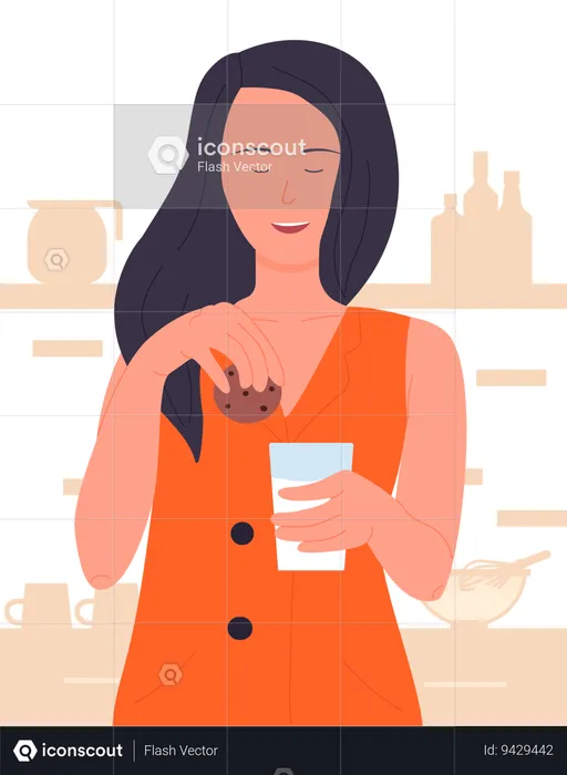 Girl eating cookie with milk  Illustration