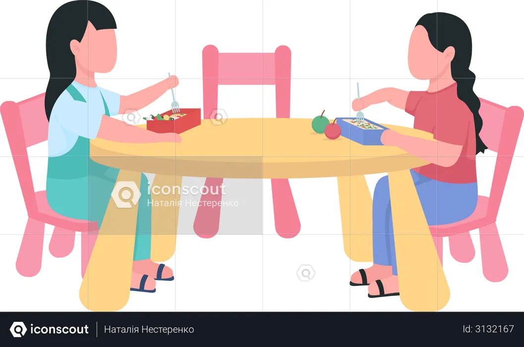 Girl eating dinner in kindergarten  Illustration