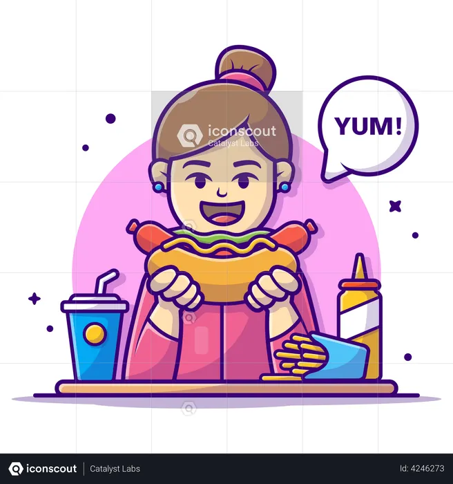 Girl eating hot dog  Illustration