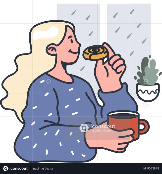 Girl eating hygge food with coffee  Illustration