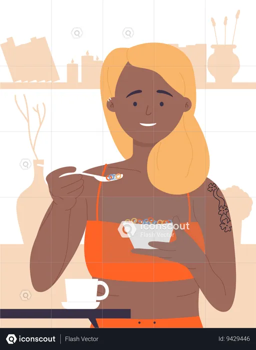 Girl eating morning cereals  Illustration