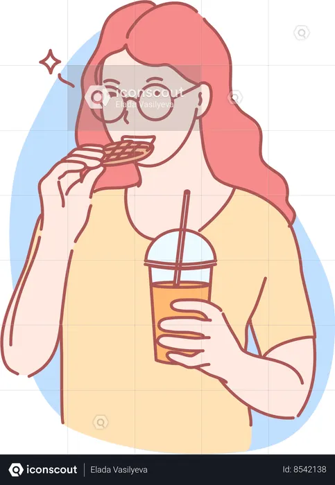 Girl eating waffles and holding cold drink glass  Illustration
