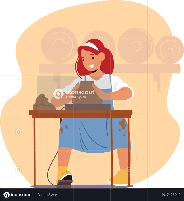 Girl engaged in pottery making  Illustration