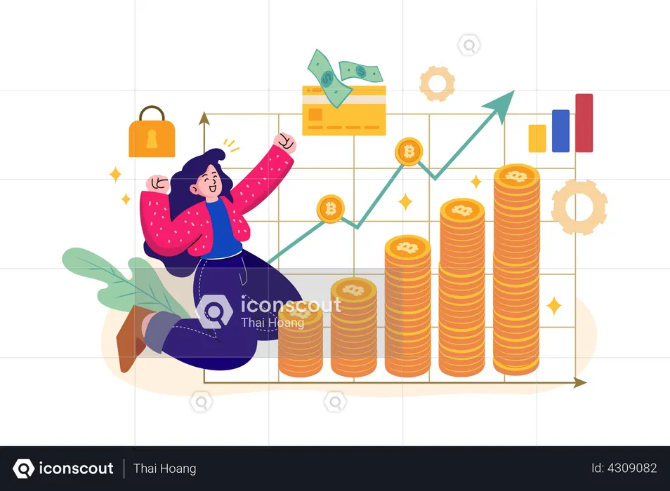 Girl enjoy bitcoin profit  Illustration