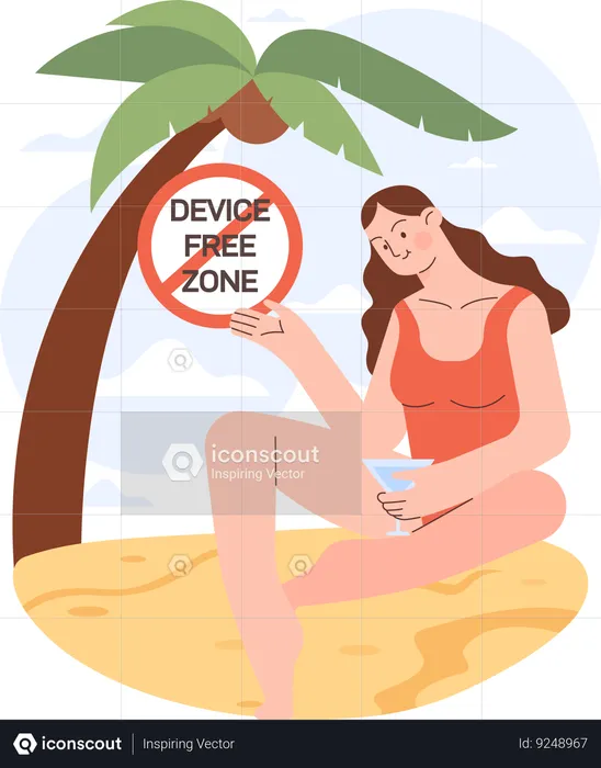Girl enjoying at beach while in divice free zone  Illustration
