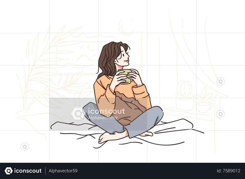 Girl enjoying coffee while sitting at cozy space  Illustration