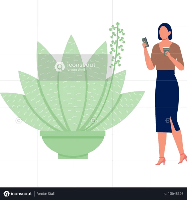 Girl enjoying drink near cactus plant  Illustration