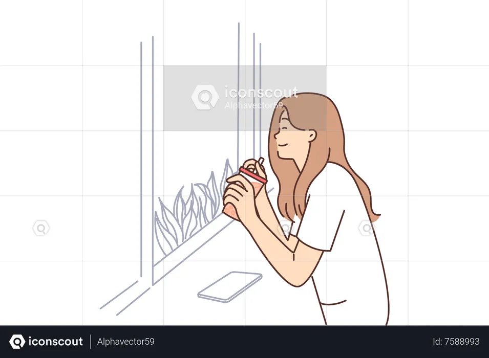 Girl enjoying drink while standing at window  Illustration