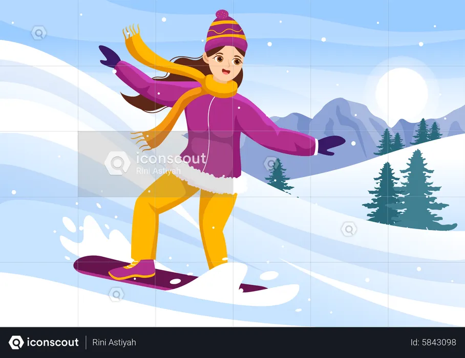 Girl Enjoying Snowboarding  Illustration