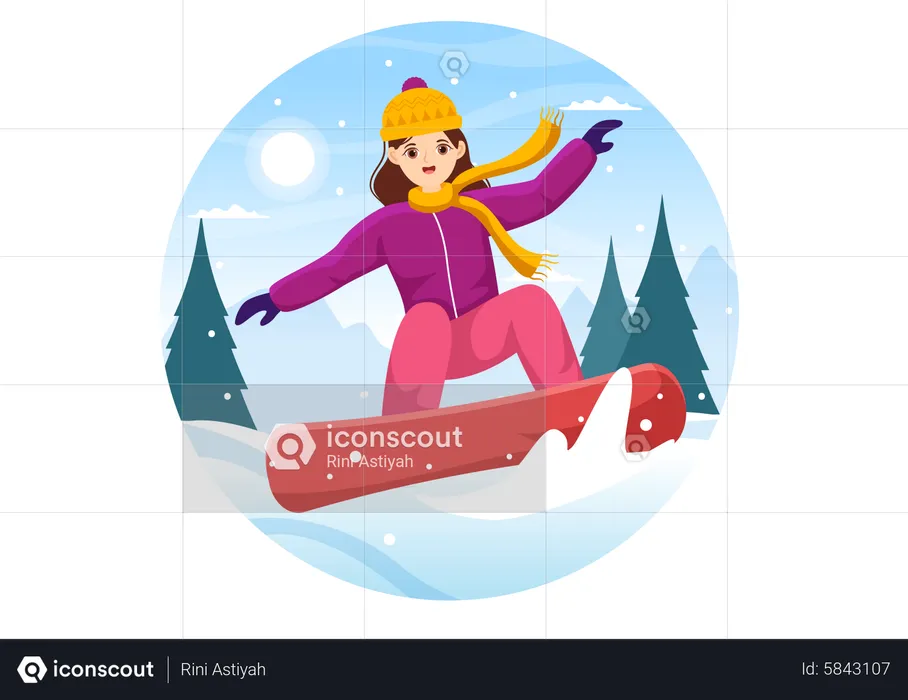 Girl Enjoying Snowboarding  Illustration