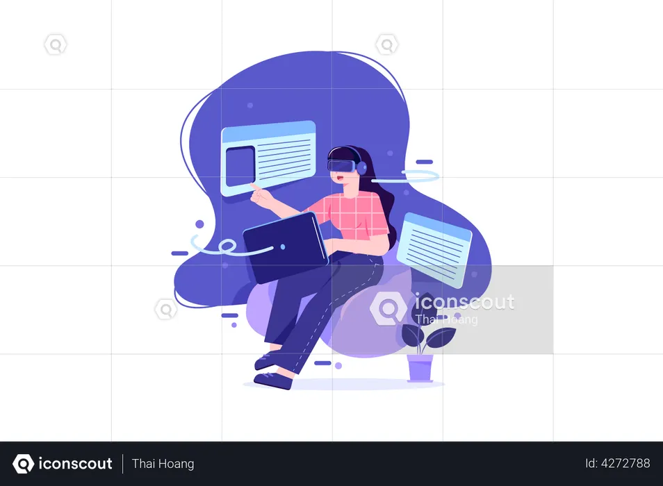 Girl enjoying study using VR tech  Illustration