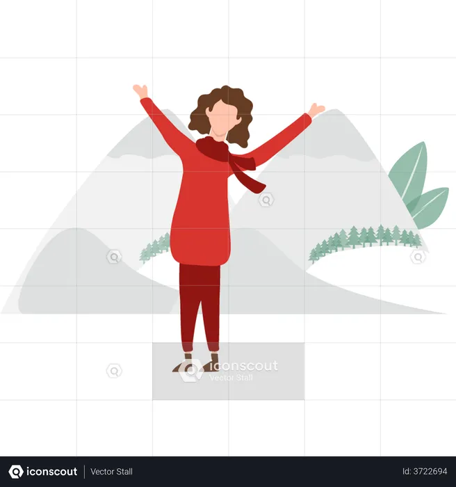Girl enjoying the snow at a hill station  Illustration