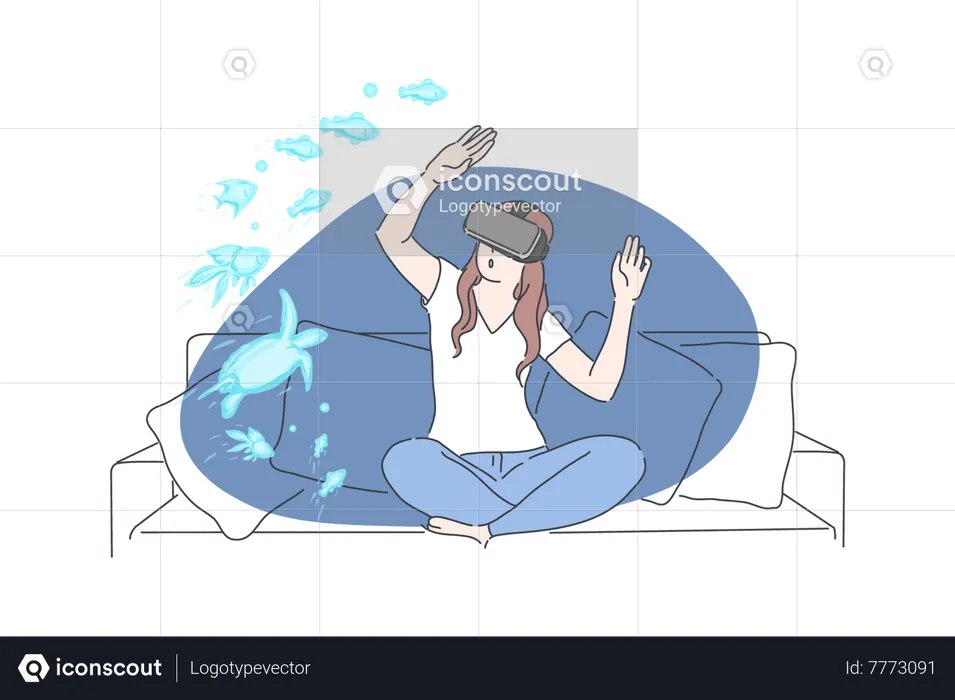 Girl enjoying virtual ocean  Illustration