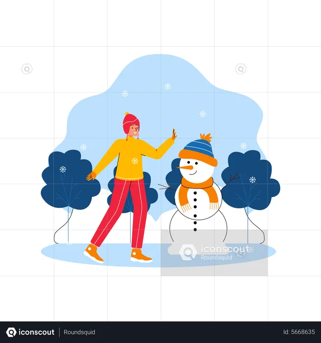 Girl enjoying winter and playing with snowman  Illustration