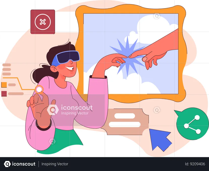 Girl enjoys photo gallery while using VR goggles  Illustration