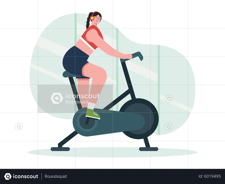 Girl exercising on gym cycle  Illustration