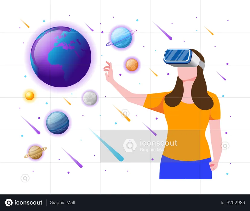 Girl experiencing Space environment using VR tech  Illustration